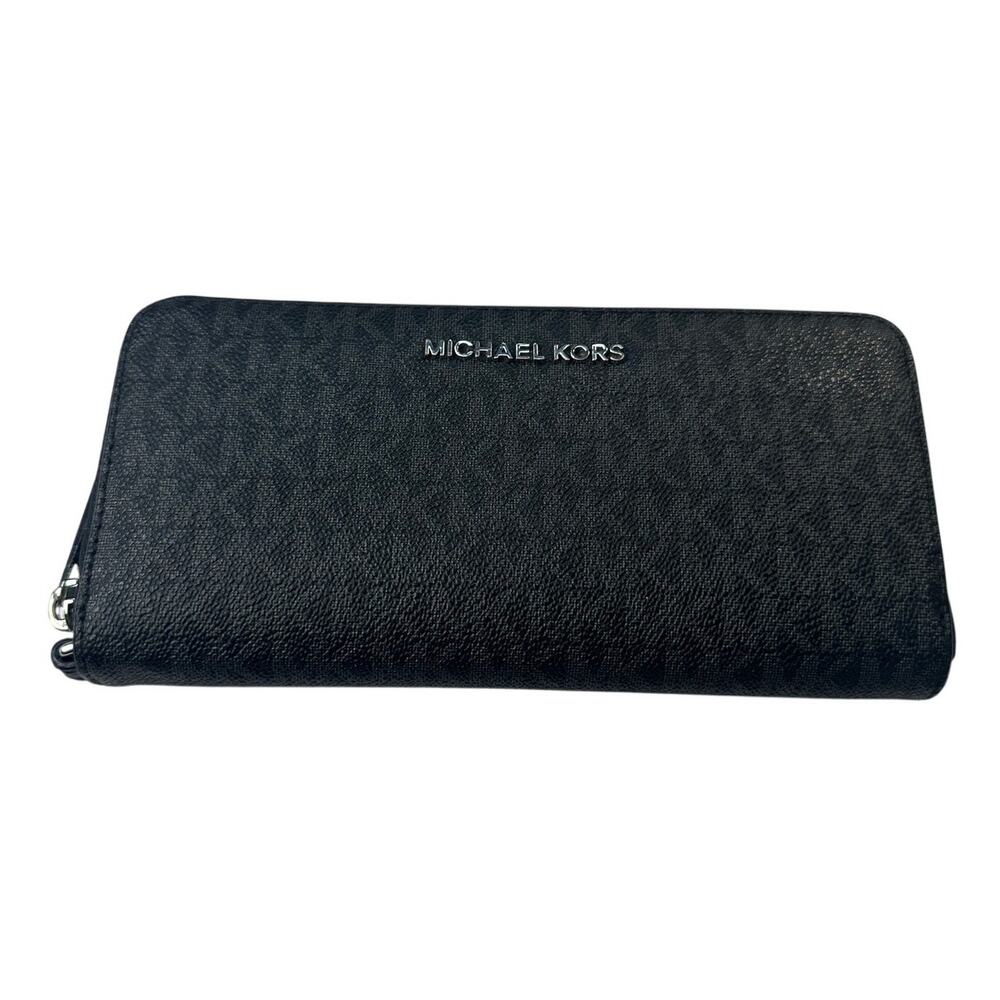 Michael Kors Jet Set Travel Large Continental Zip Around Wallet MK Logo Black